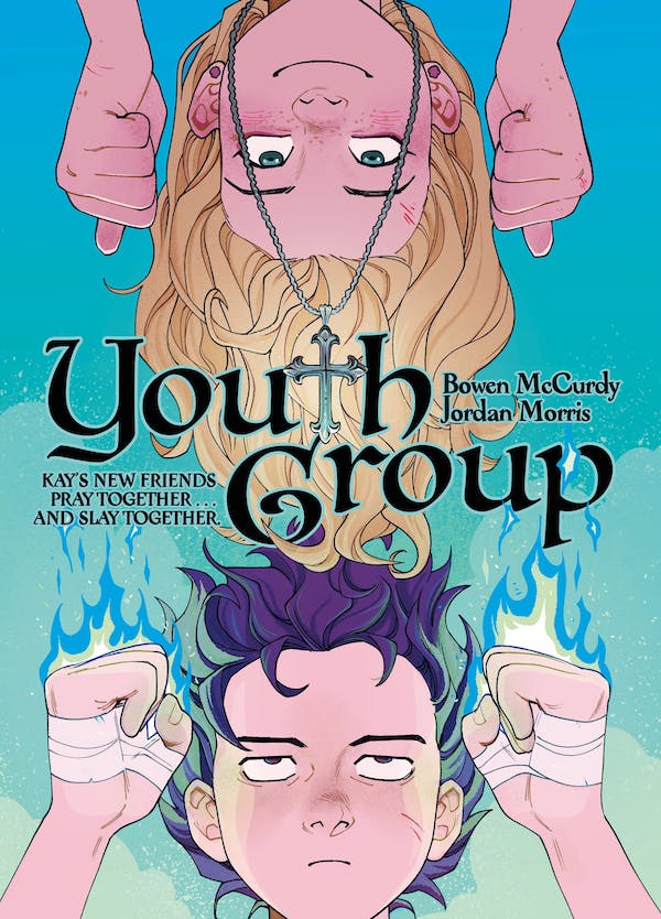 Youth Group by Jordan Morris, Bowen McCurdy, Two characters holding flames and a cross